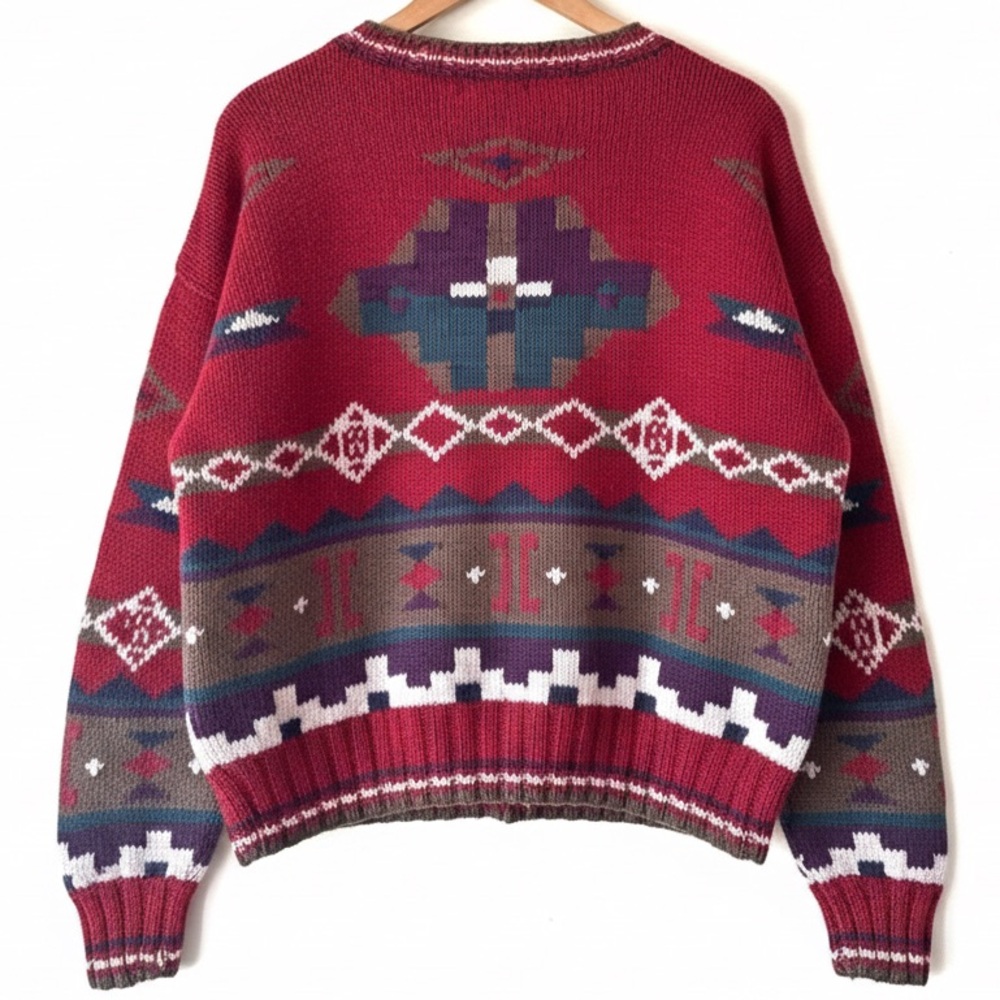 90s LL BEAN Geometric Pure New Wool Sweater Made in Hong Kong Large Grandpa Core - Picture 11 of 12